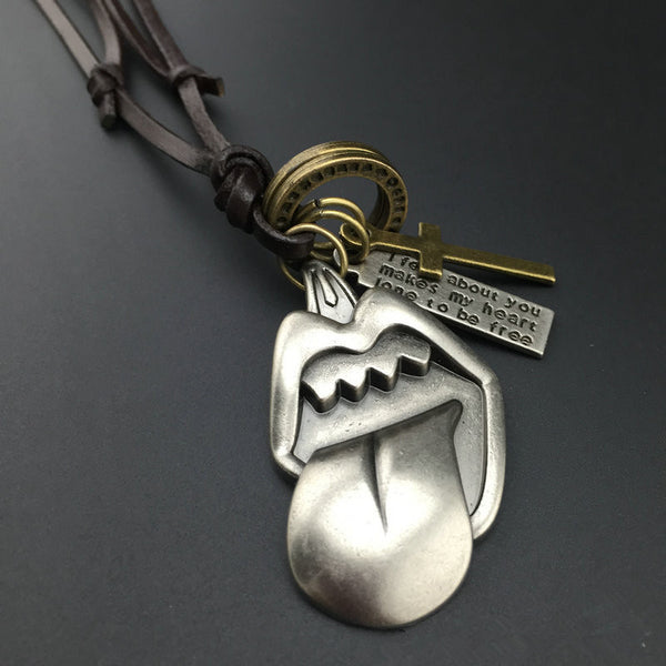 Vintage Tongue Pendant Leather Necklace
