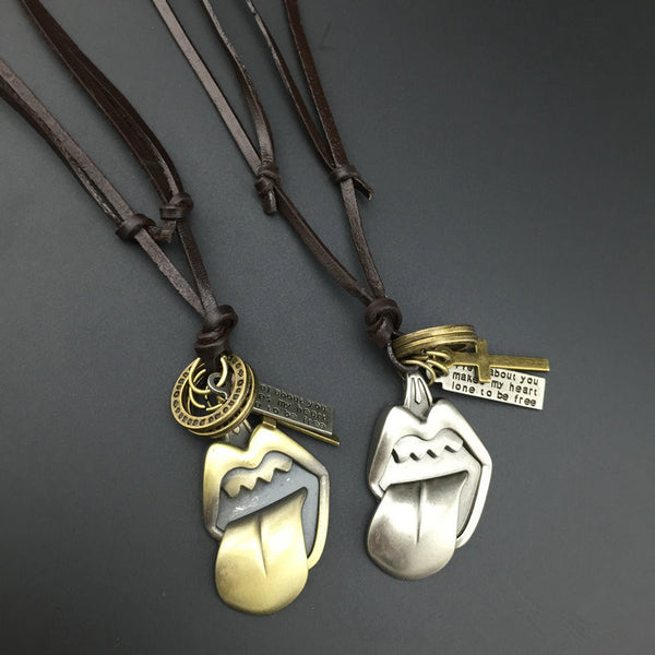 Vintage Tongue Pendant Leather Necklace