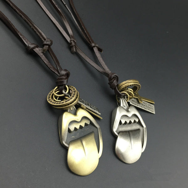 Vintage Tongue Pendant Leather Necklace